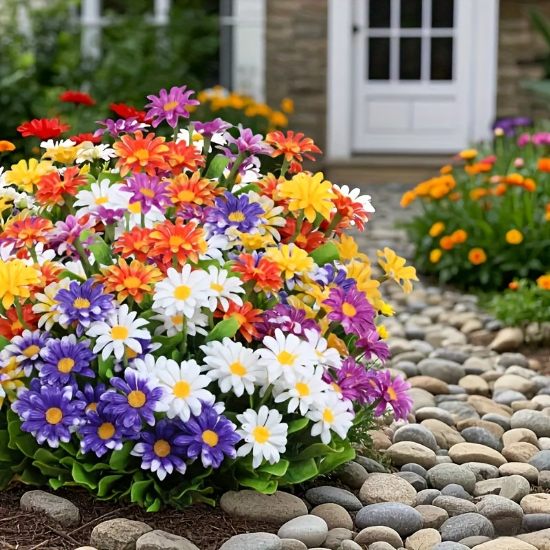 Mixed Color Artificial Daisy Flowers, 10 Bundles of UV-Resistant Plastic Faux Blooms for Front Porch Planters, Garden Displays and Wedding Decor