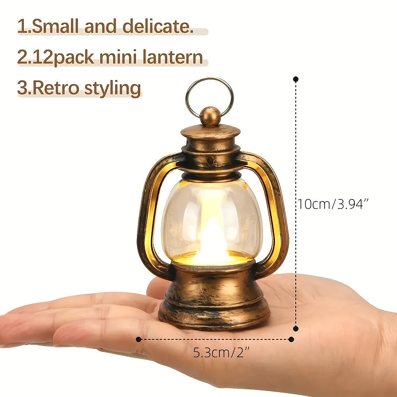 Pack Of 12 Mini Lantern Decorations with LED Candles, Small Chandelier Decorations, Camping Table Decorations, Vintage Lantern Decorations In Bulk for Cowboy Christmas, Valentine's Day Goodies (Vintage Golden, Black, Silvery)