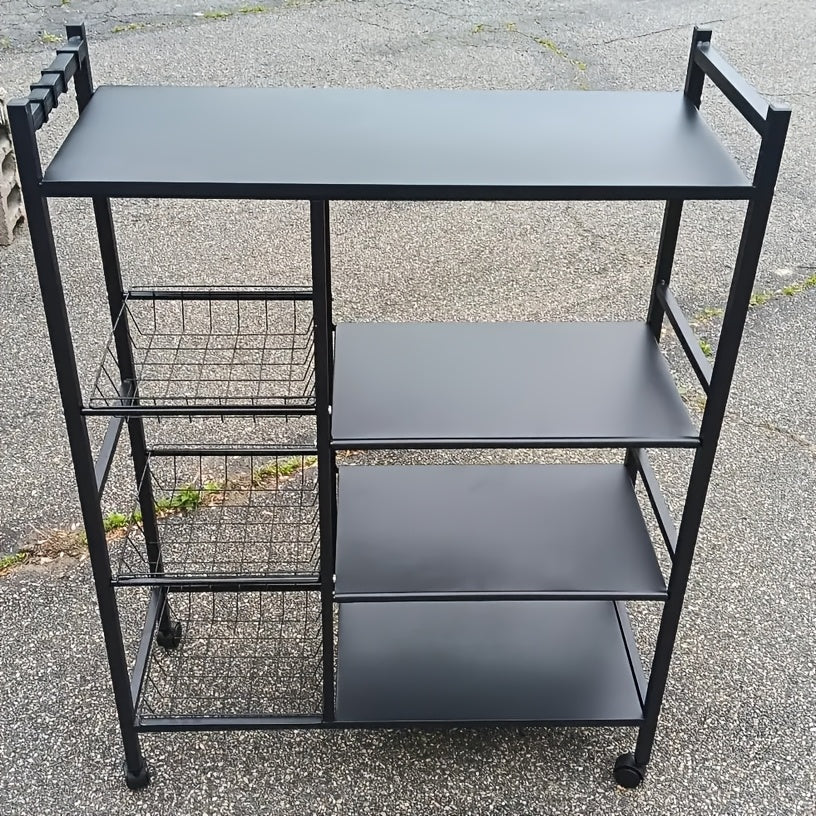 1pc Movable Storage Rack, Adjustable 4-storey Kitchen Shelf With 3 Wire Baskets, Kitchen Organizer And Storage, Metal Shelf Rack With Wheels, Suitable For Garage, Pantry, Bathroom, Closet, Warm House Gift, New Home, Standing Shelf