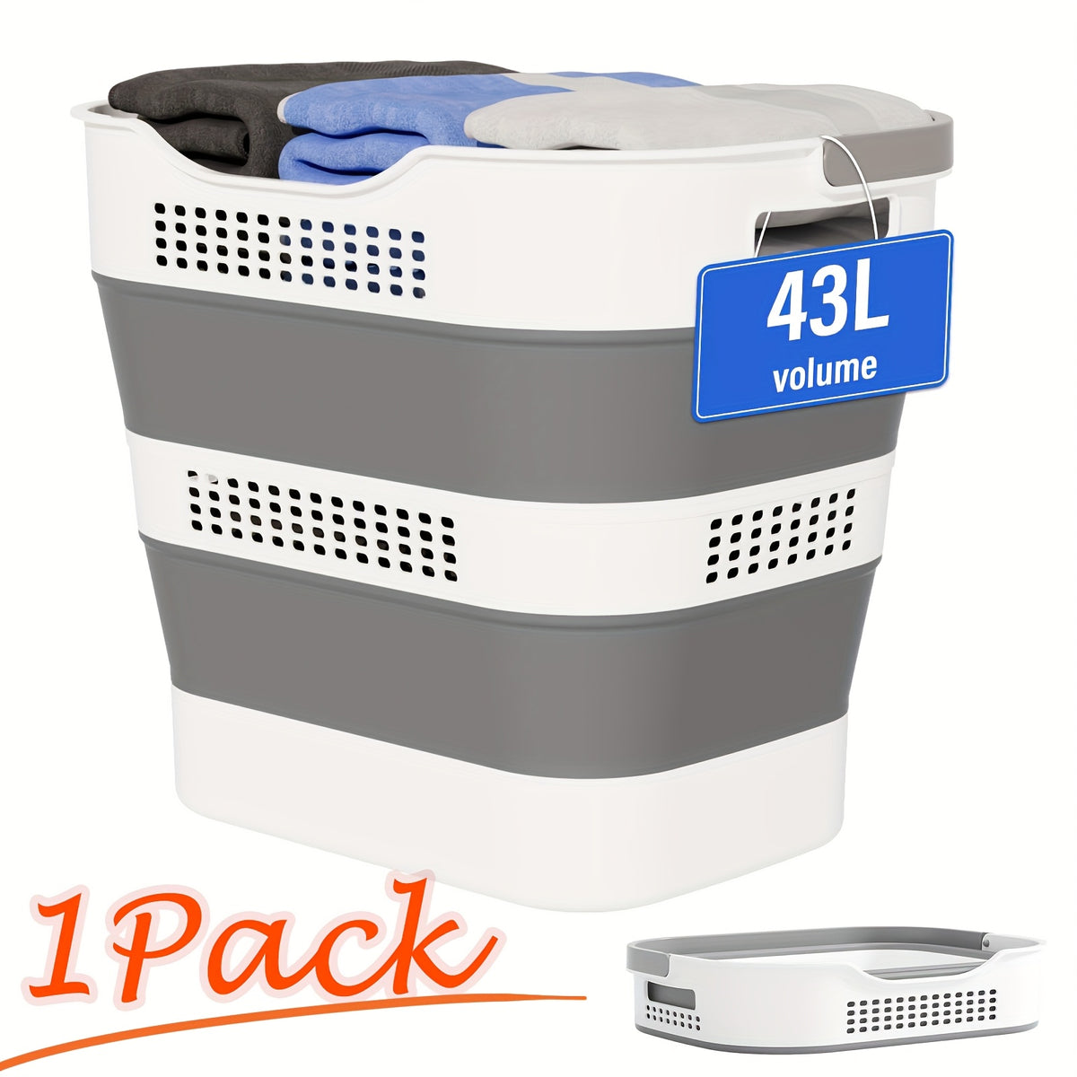 Collapsible Laundry Basket, 43L (11.5 Gallon) Foldable Laundry Basket Plastic with Handles, Pop Up Storage Container/Organizer/Hamper for Laundry, Space Saving And Durable