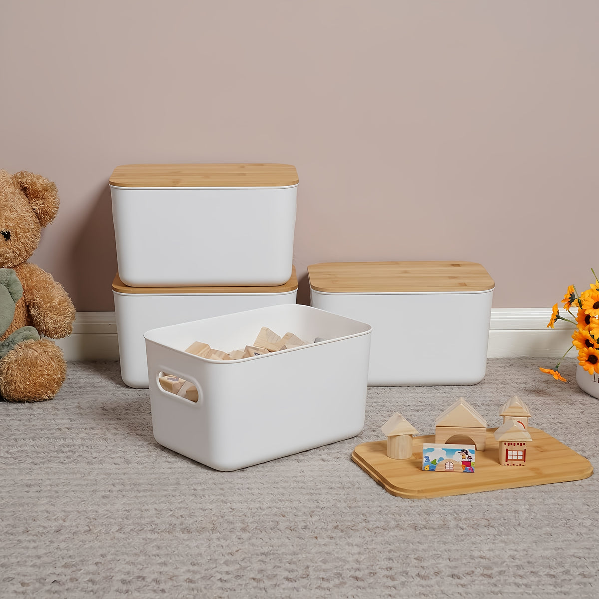 Storage Bins with Wood Lids, White Stackable Plastic Containers with Built-In Handles, 10.12 x 7.09 x 6.69 Inches in 1 2 4 or 8 Pack for Home Office Shelves