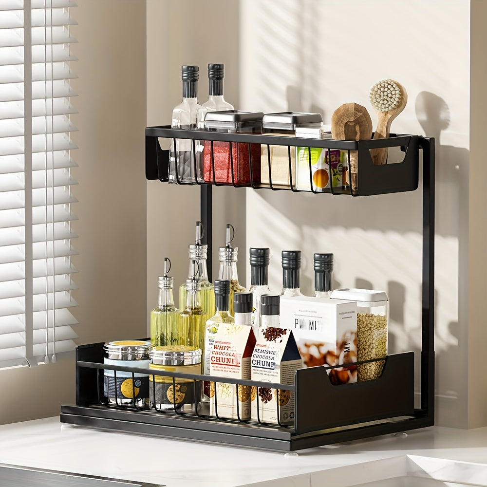 2-Tier Sliding Under Sink Organizer Rack Kitchen Lower Sink Sorting Sliding Pull-out Cabinet Sorting Rack Metal Sliding Drawer For KitchenBathroom Refrigerator Cabinet Organization Rack Simple And Practical Kitchen Storage Essentials (1pack/2pack)