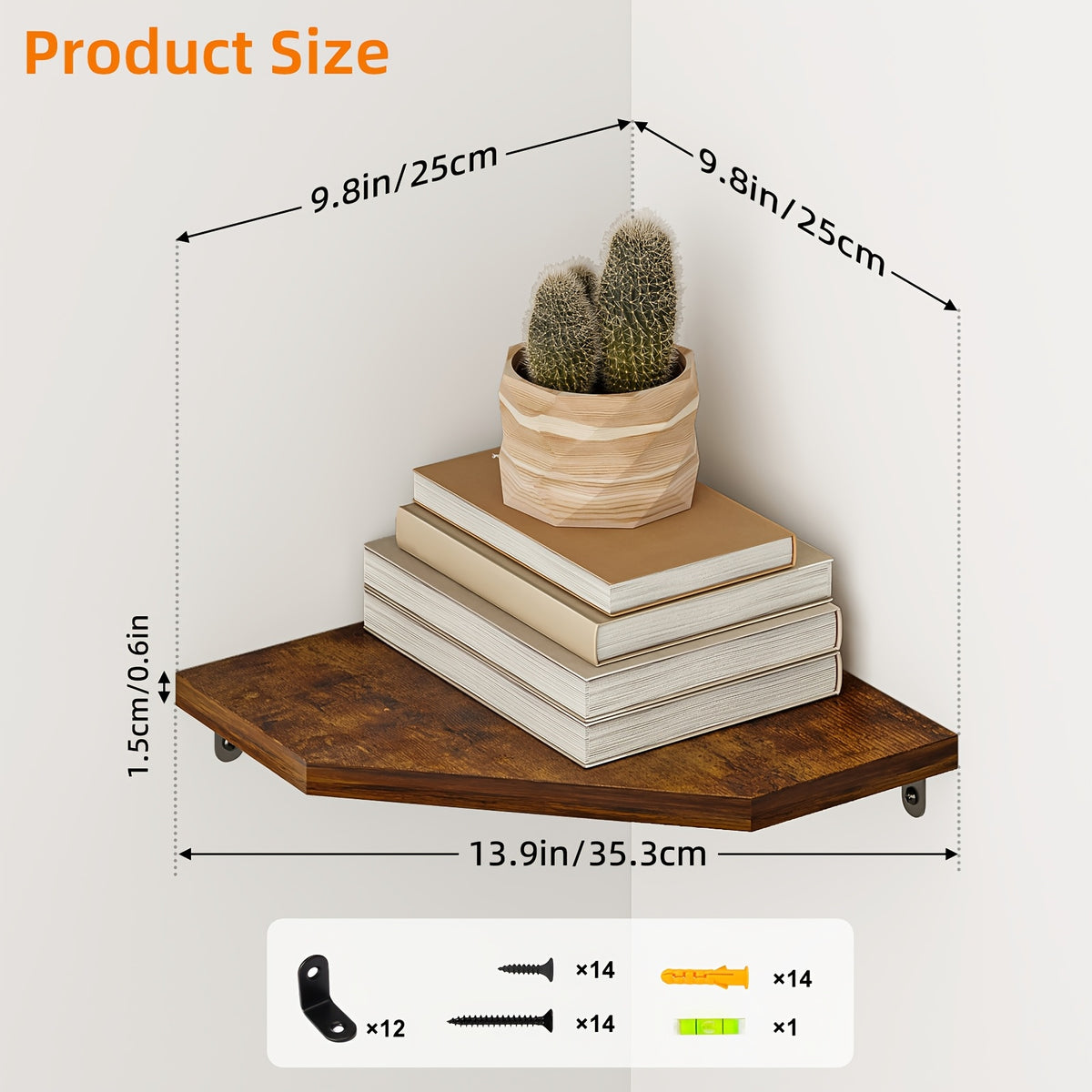 TOMNK Country Style Wooden Corner Wall Organizer, Space-Saving Floating Storage Shelf, Multipurpose Display Rack for Small Space, Practical Wall Decor for Living Room, Bedroom, Bathroom And Kitchen, Brown/Black/White for Holiday Decoration