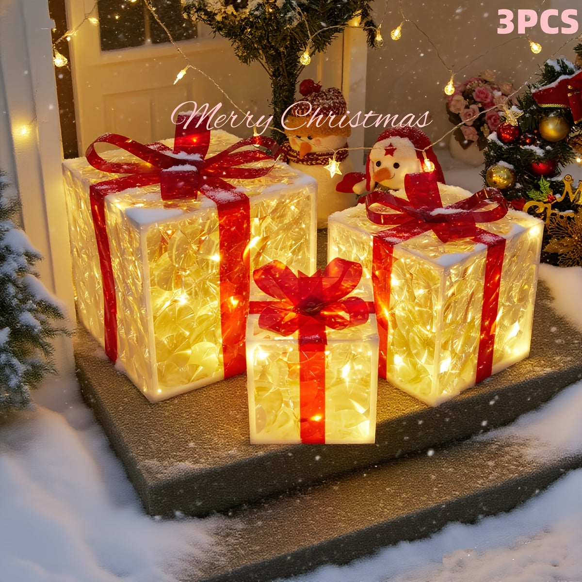 3-Pack 75-LED Christmas Gift Box Light Set - Warm Light Holiday Decoration, Indoor And Outdoor Use, IP66, with Remote Control And Timer, 8 Modes Flashing Gift Boxes, Home Ornament; Christmas Decoration, Outdoor Christmas Lights