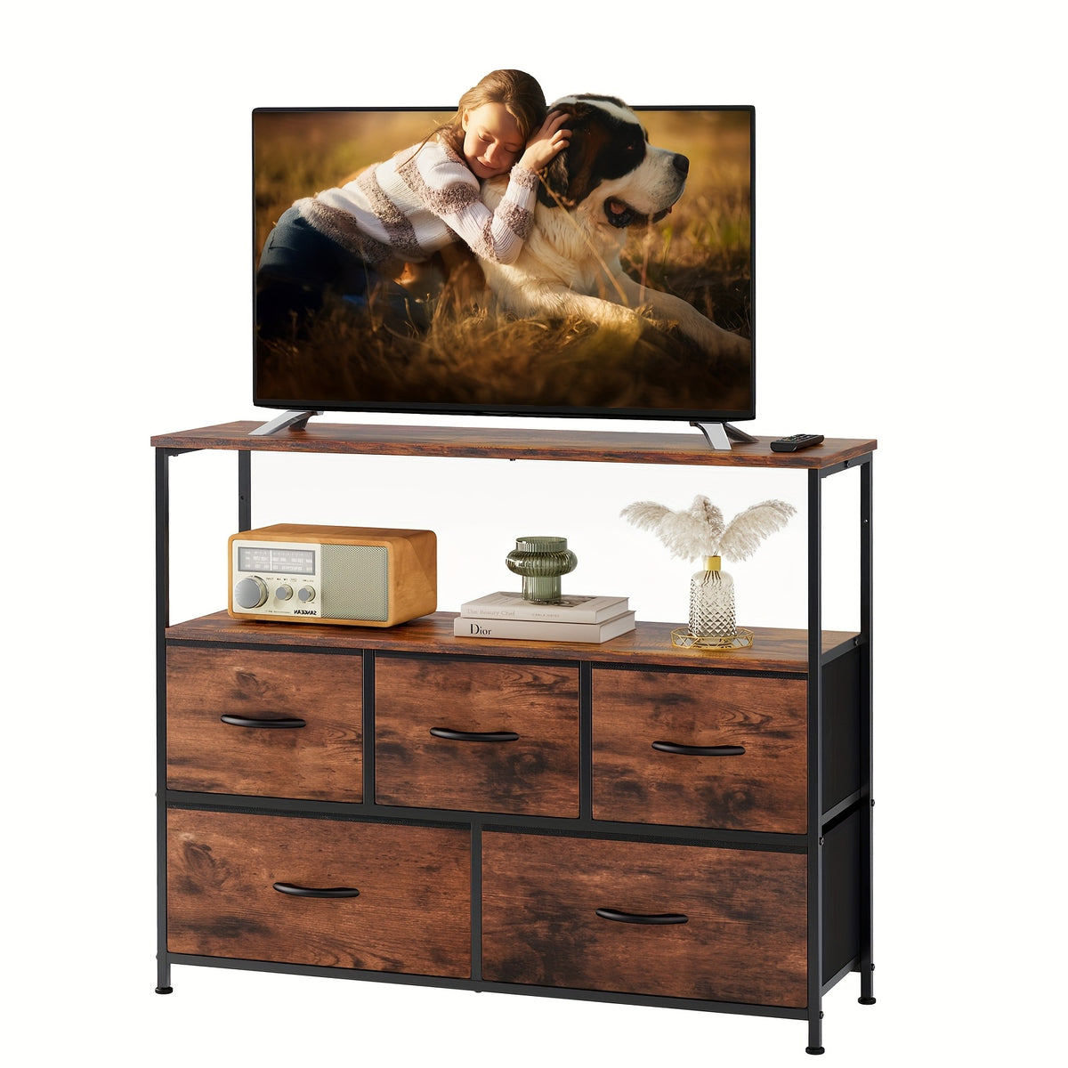 5-Drawer Cabinet Tower, Father'S Day Gift, TV Stand for Bedroom, TV Dresser for 45 Inches, Media Console Table, Entertainment Center with 5 Fabric Drawers Cabinet And Open Storage Shelf Other (Furniture) Cabinet for Living Room, Hallway