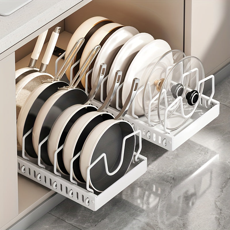 1/2pcs Pull-Out Pot And Pan Storage Box for Cabinets, Kitchen Sliding Lid Rack And Pan Holder, Cabinet Sliding Storage Box for Storing Lids, Baking Tools, And Plates, 8/16 Adjustable Dividers, Kitchen Decor And Additions Pots And Pans Organizer