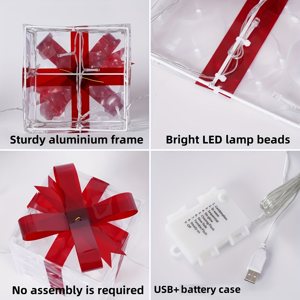 Lighted Christmas Present Boxes, Set of 3 Warm White Gift Decorations with Red Bows, 60 LEDs, USB or Battery Power, 8 Lighting Modes and Daily Timer