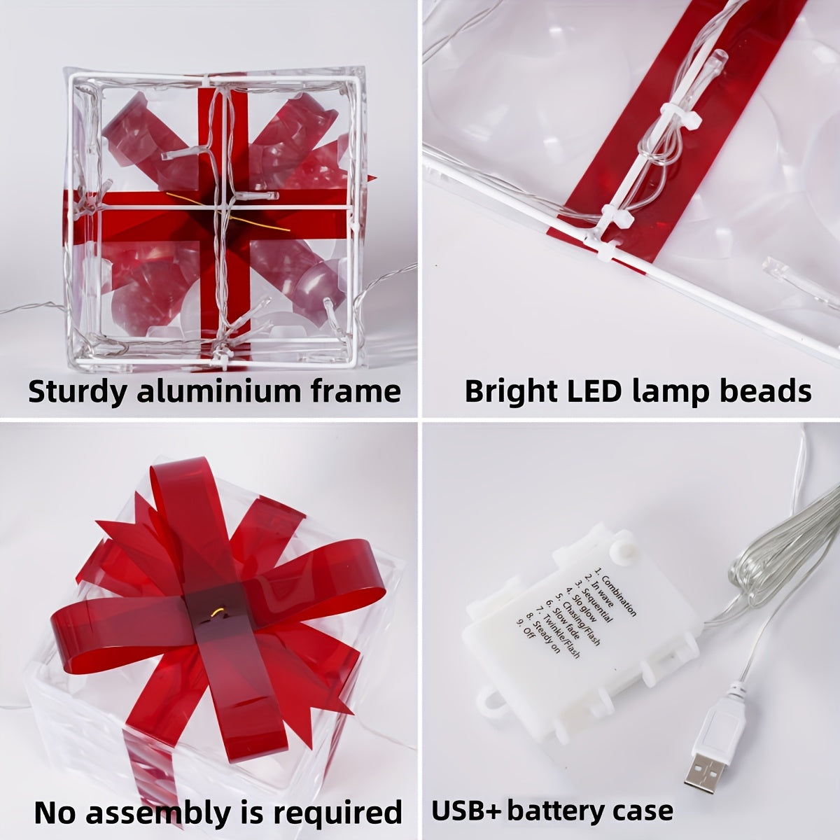 A Set Of 3 Christmas Color Boxes, USB/battery Dual Power Supply, 8 Lighting Modes, 8-hour Timer, Warm White Christmas Color Box, Gift Box with Red Bow for Christmas Tree, Home Decoration, Christmas Day Decoration, And Christmas Outdoor Decoration