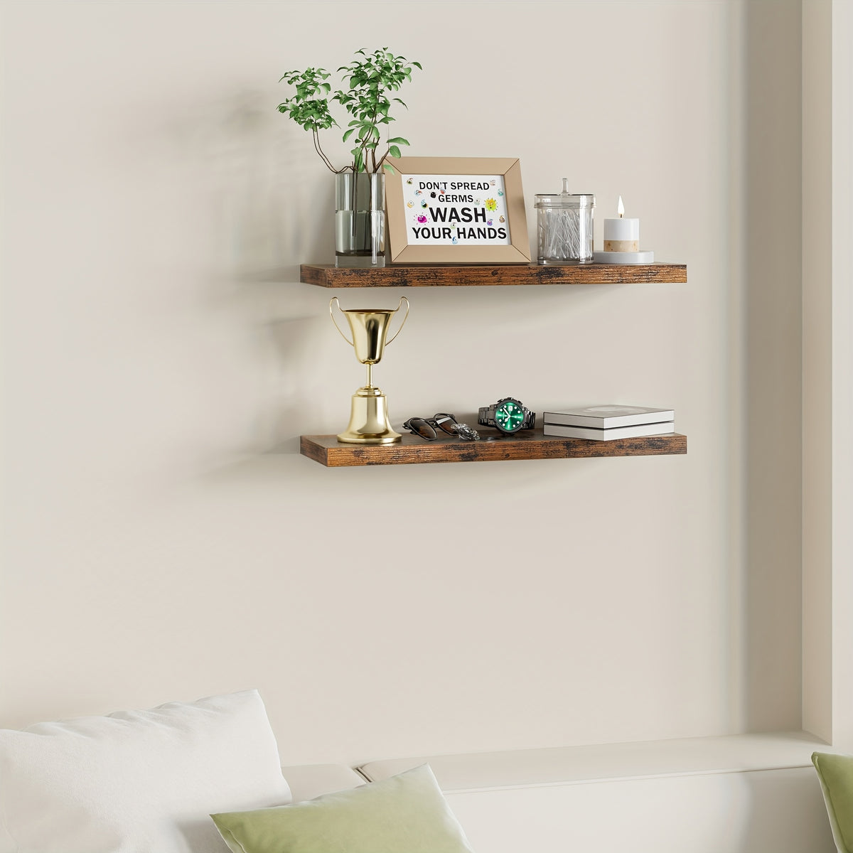 Floating Shelves, 22.5" Wall Mounted Rustic Wood Shelves for Bathroom, Bedroom, Living Room, Kitchen, Office, Hanging Shelf for Books/Storage/Room Decor with 22lbs Capacity (Set Of 2), Floating Shelves