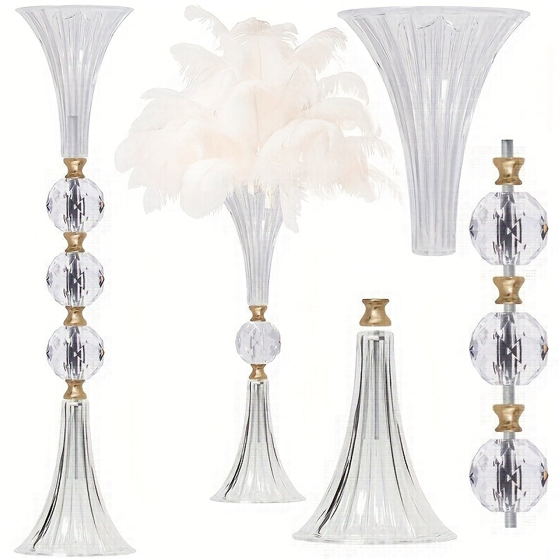 2pcs Crystal Acrylic Vases, 24.8-Inch Transparent Flower Rack with Ribbed Texture, Golden Decoration, Used for Wedding Center And Home Decoration Activity Table/Floor Vases, Bridal Shower And Bohemian Wedding