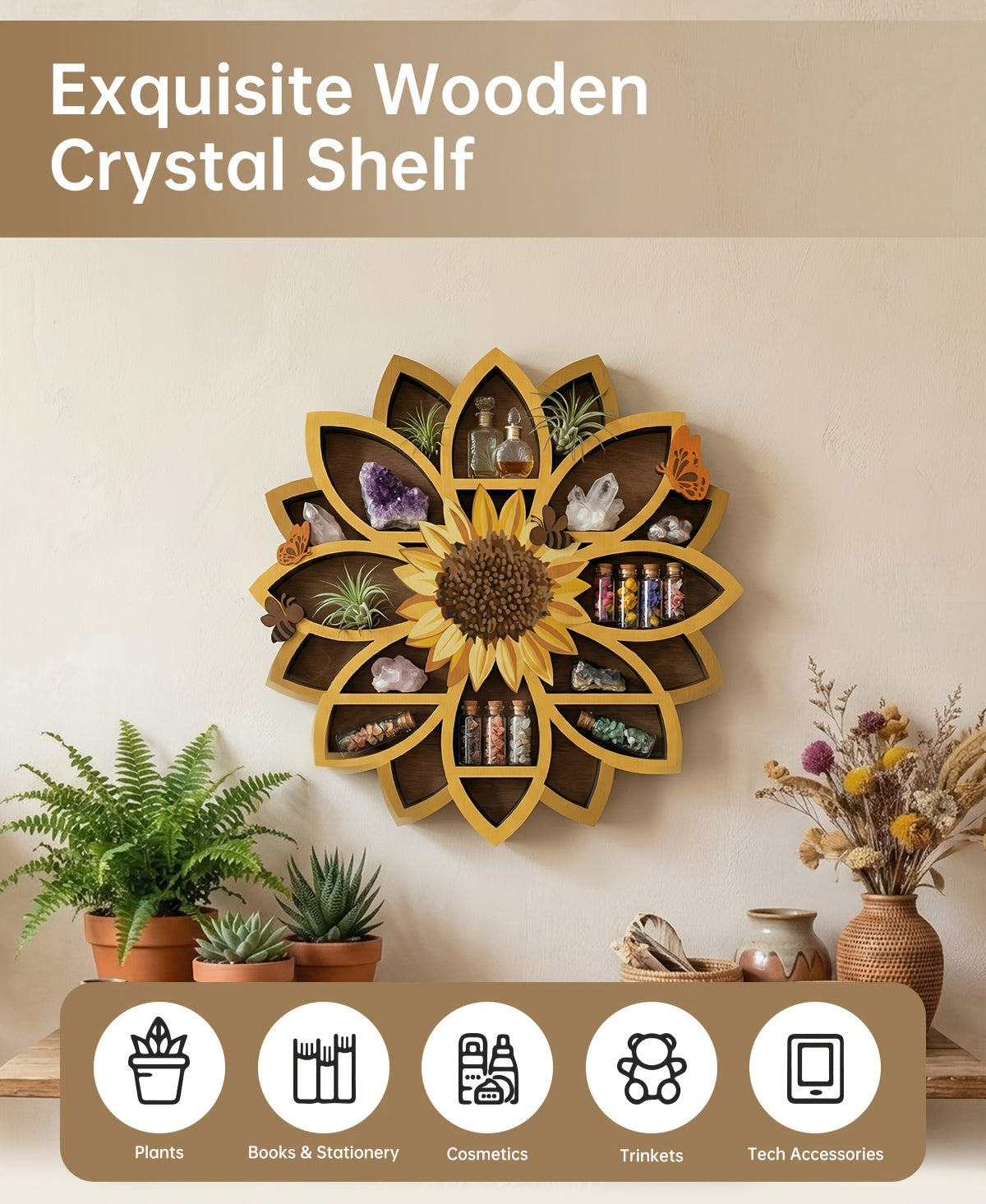 FNYDOXGI 1pc Wooden Sunflower Floating Shelves Wall-Mounted Organizer - UV Printed Spiritual Decor with Gemstones, Essential Oils & Meditation Art, Multi-Functional Storage for Living Room, Meditation Space, Meditation Room Decor, Vibrant Wall Art