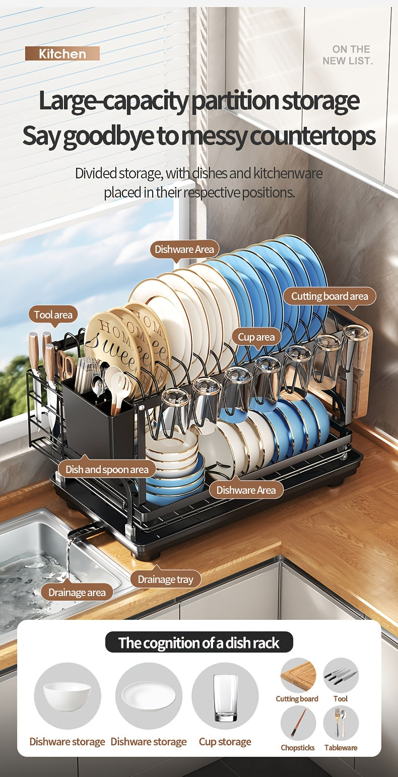 Two-tier Metal Kitchen Countertop Dish Rack Is Space-saving And Durable. It Comes with A Knife And Fork Holder, A Cup Rack, A Cutting Board Holder, And A Rust-proof Draining Tray. It Organizes Your Tableware And Helps Keep Your Kitchen Neat And Tidy.