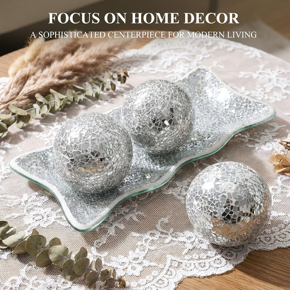 Decorative Balls for Bowls, 3 Decorative Glass Balls And 1 Glass Tray 3-Inch Centerpiece Table Decorations Bowl Fillers for Home Decor, Living Room, Dining, Coffee Table Decor (Silver/Turquoise/Black)