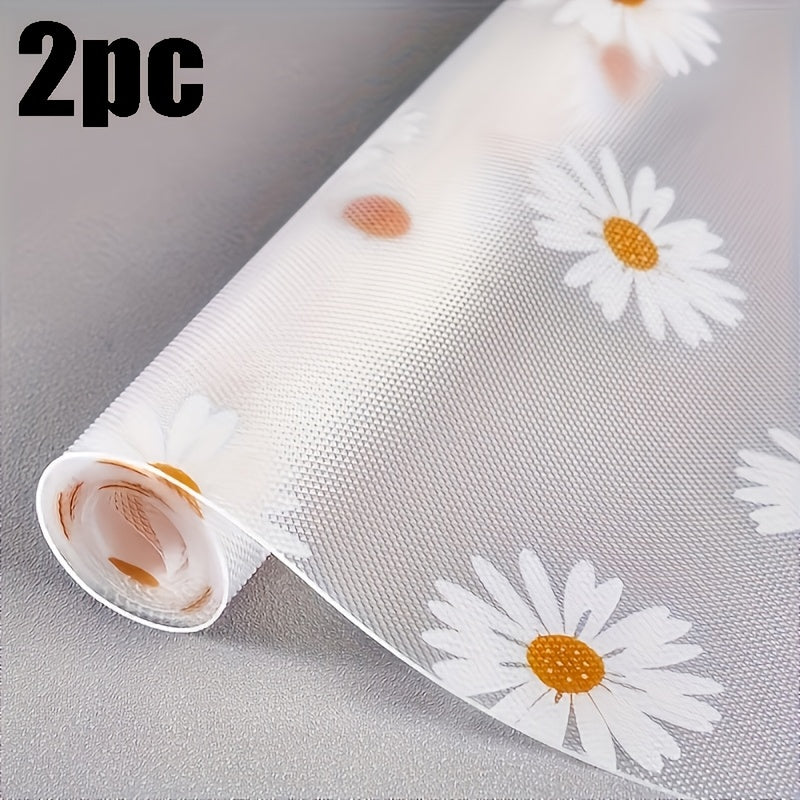 2 Roll Daisy Pattern Non-Slip Cabinet Liners - Heavy Duty PVC Drawer, Fridge & Tabletop Mats with White Daisies & Yellow Centers, Easy Clean Anti-Slip Kitchen Storage Accessories, Cheerful Home Accents, Easyclean Surface, Practical Homemakers