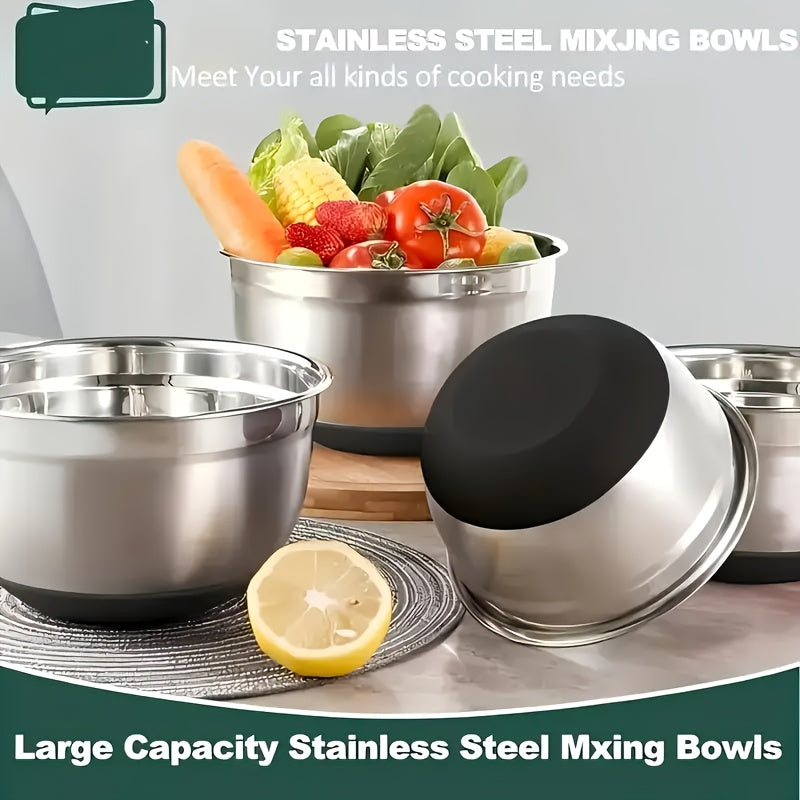 Mixing Bowls with Airtight Lids, 26pcs Stainless Steel Bowls Set, 3 Grater Attachments & Black Non-Slip Bottoms Size 7, 4, 2.5, 2.0, 1.5, 1QT, Great for Mixing & Serving