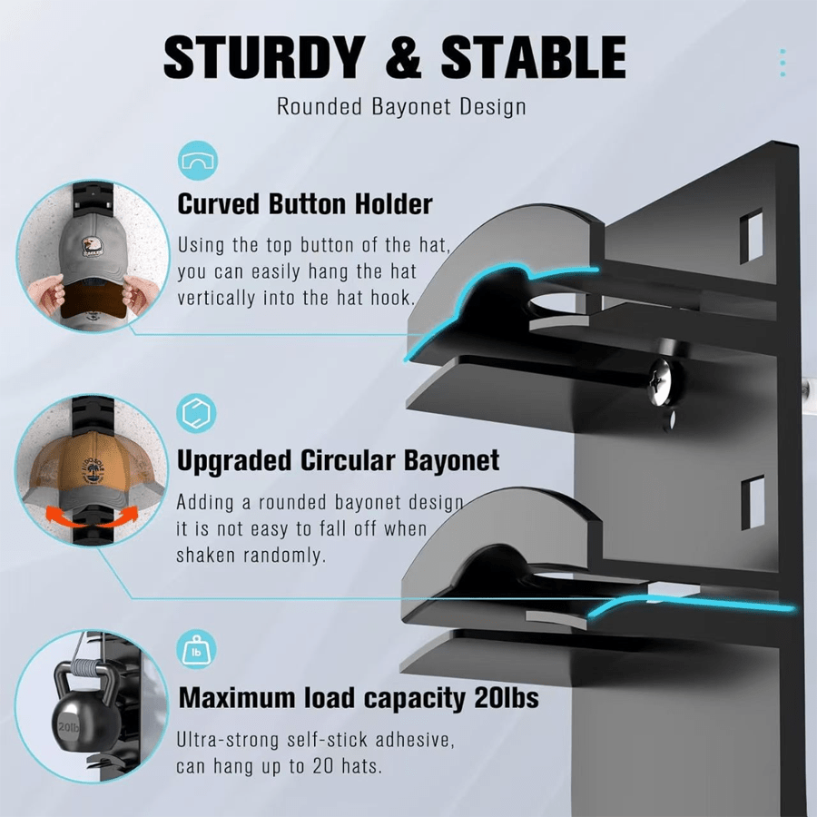 Baseball Cap Rack, Multi-functional Adhesive or Wall-drilled Installation Cap Rack, Multi-layer Cap Storage, Durable Plastic, Wall-mounted Cap Hook That Can Hold up to 20 Caps, Suitable for Closet Doors and Bedrooms, Cap Storage Organizer, a Must-hav