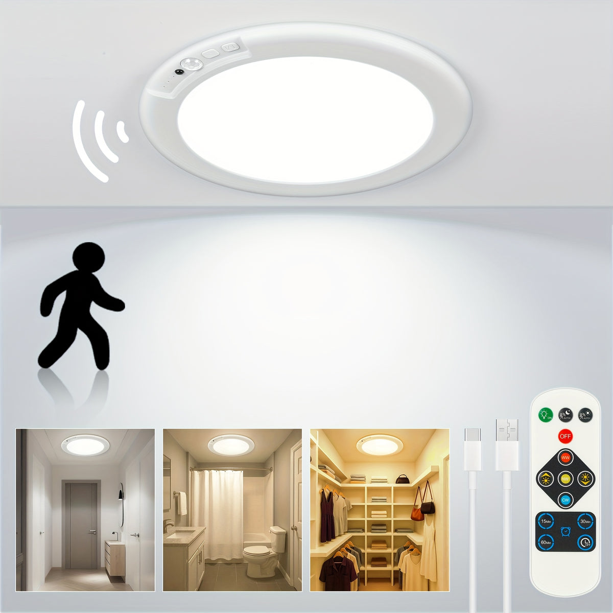 8/6/4/2/1Pack Rechargeable LED Ceiling Light with Motion Sensor, 3 Lighting Options, 10 Brightness Levels Battery Operated Closet Lights, Remote Control Dimmable Timing Motion Shower Lights for Living Bathroom Pantry Hallway Porch(3000K/4500K/6500K)