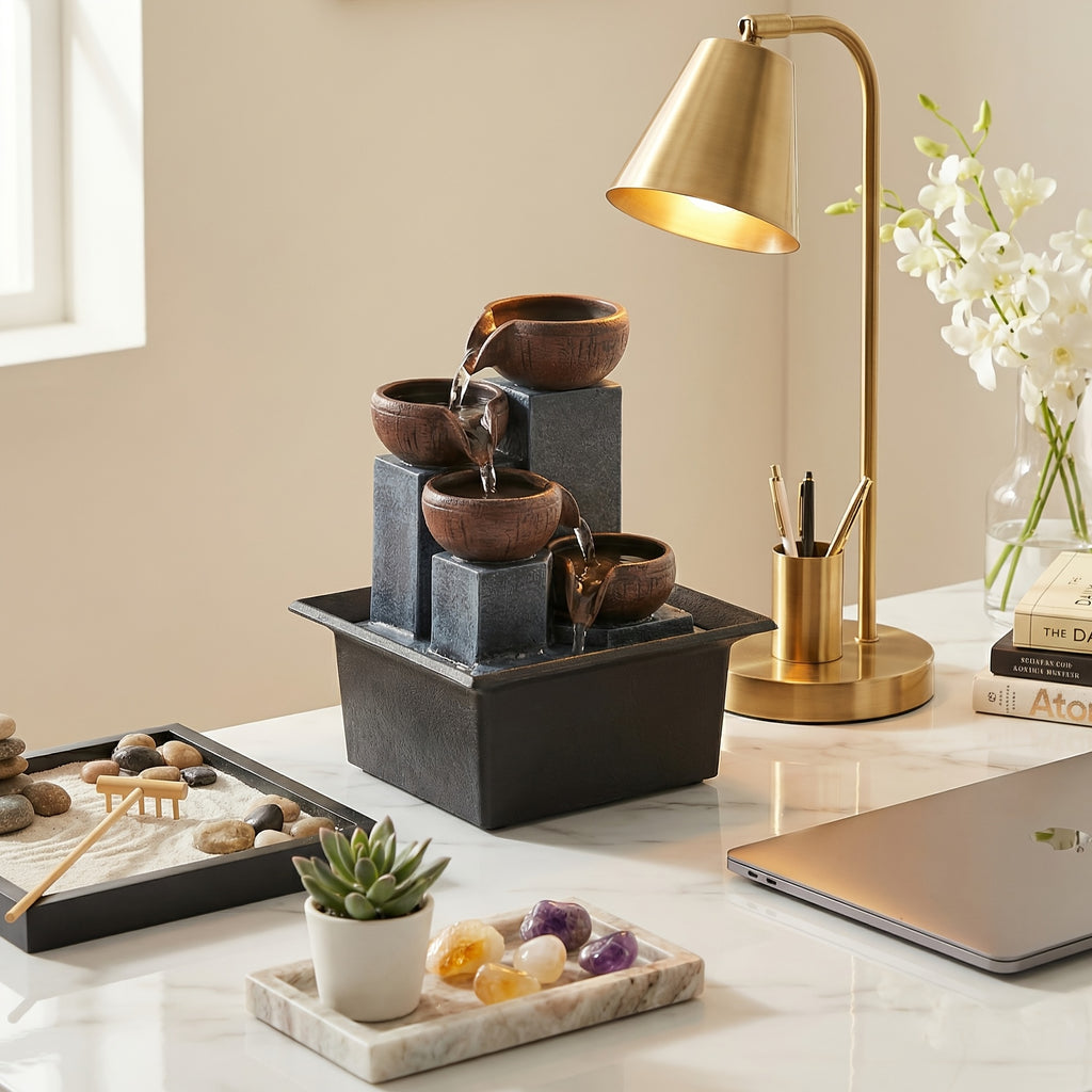 New Desktop Fountain, 4-Level Desktop Waterfall, Meditation Fountain, Indoor Fountain, Office And Home Relaxation, Desktop Fountain Pool, LED Lights, Fixed Decorative Bubble Balls (With Natural River Stone Decoration Included)