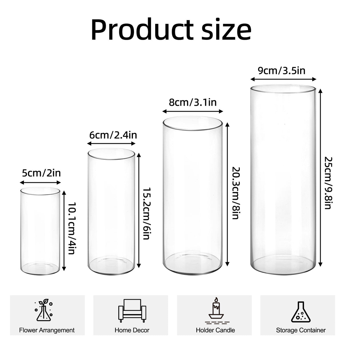 WHONLINE 24pcs Clear Glass Cylinder Vases, 4, 6, 8, 10 Inch Tall Cylinder Vases for Centerpieces, Glass Flower Vase, Hurricane Floating Candle Holder Vase for Table Shelf, Party, Wedding, Home Decor