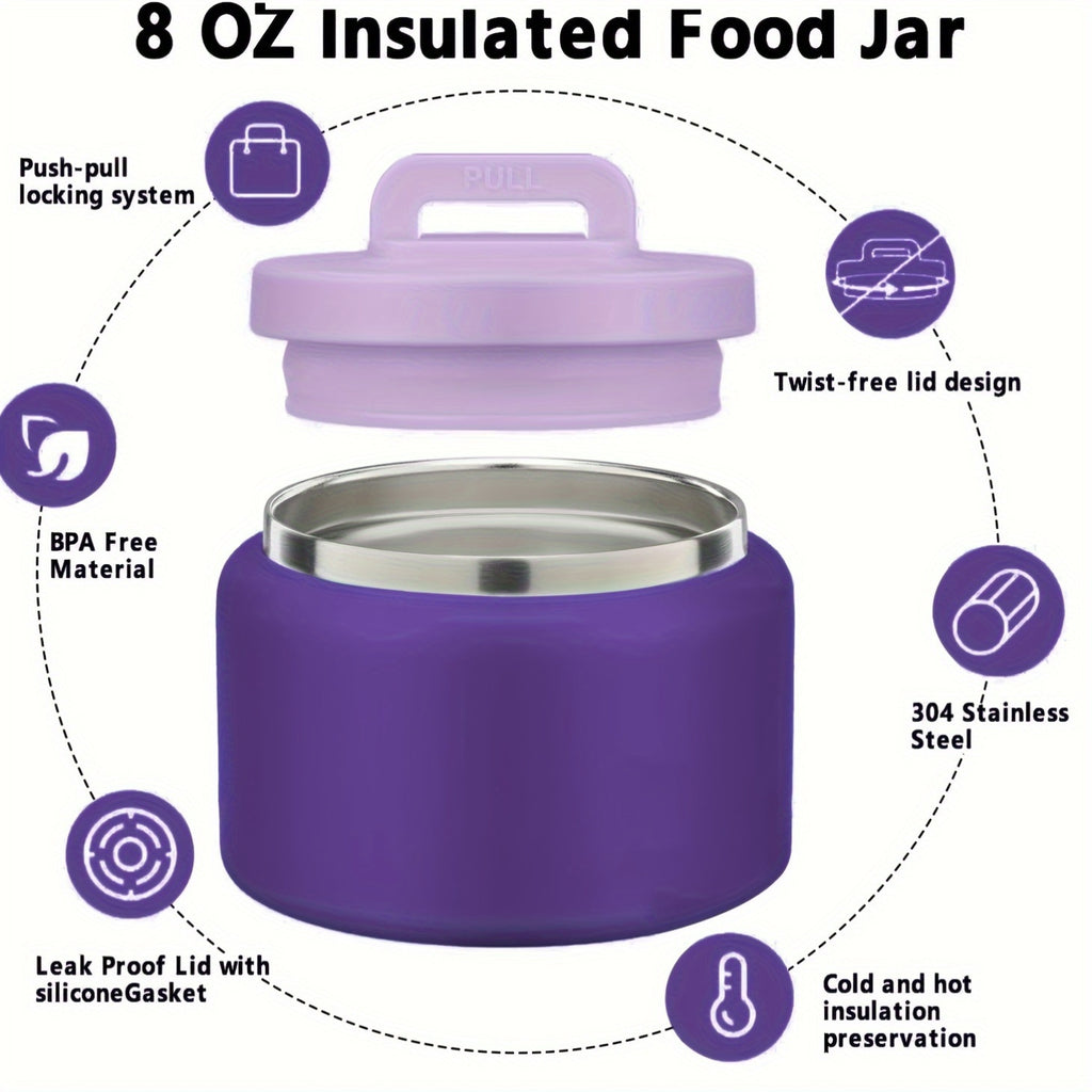 Insulated Lunch Jar Set, 8 oz Stainless Steel Food Jar with Cooling Container in Purple or Green for Back-to-School Meals and Packed Lunches