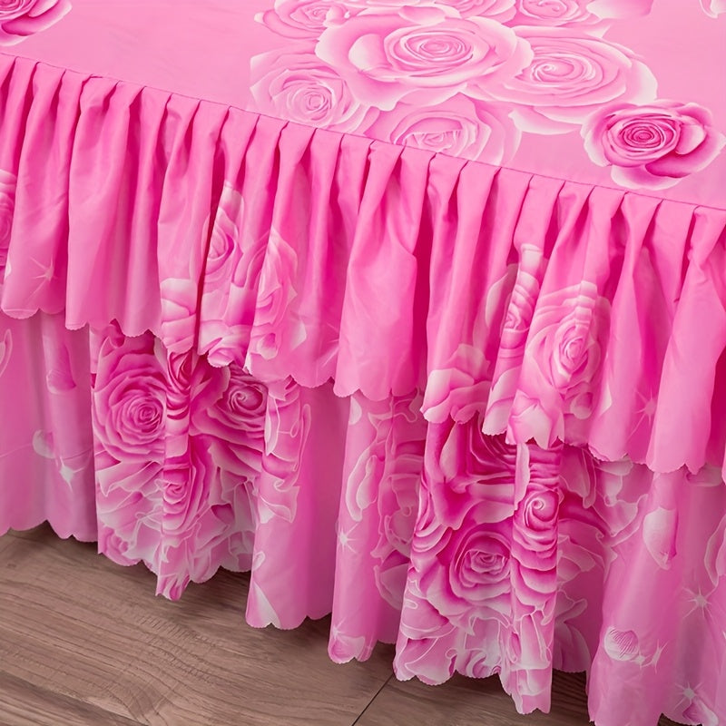 Set of 3 (1 Bed Skirt And 2 Pillowcases) Featuring a Double-Layered Hem, Adorned with a Plant And Flower Design. Includes a Dust-Proof Hem, Bed Sheet, Bed Cover, And Mattress Protector, All Machine Washable