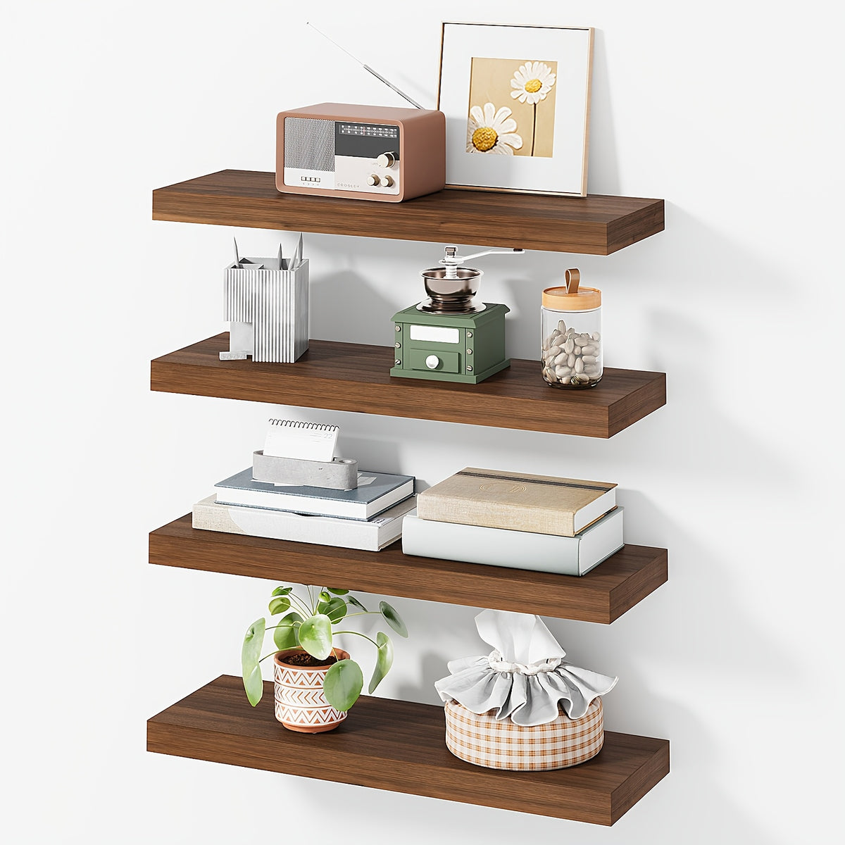 Rustic Finish Floating Shelves, 15.8 Inch Wall Display Set with Invisible Brackets in 4 or 8 Piece Options for Living Room, Bedroom and Home Decor