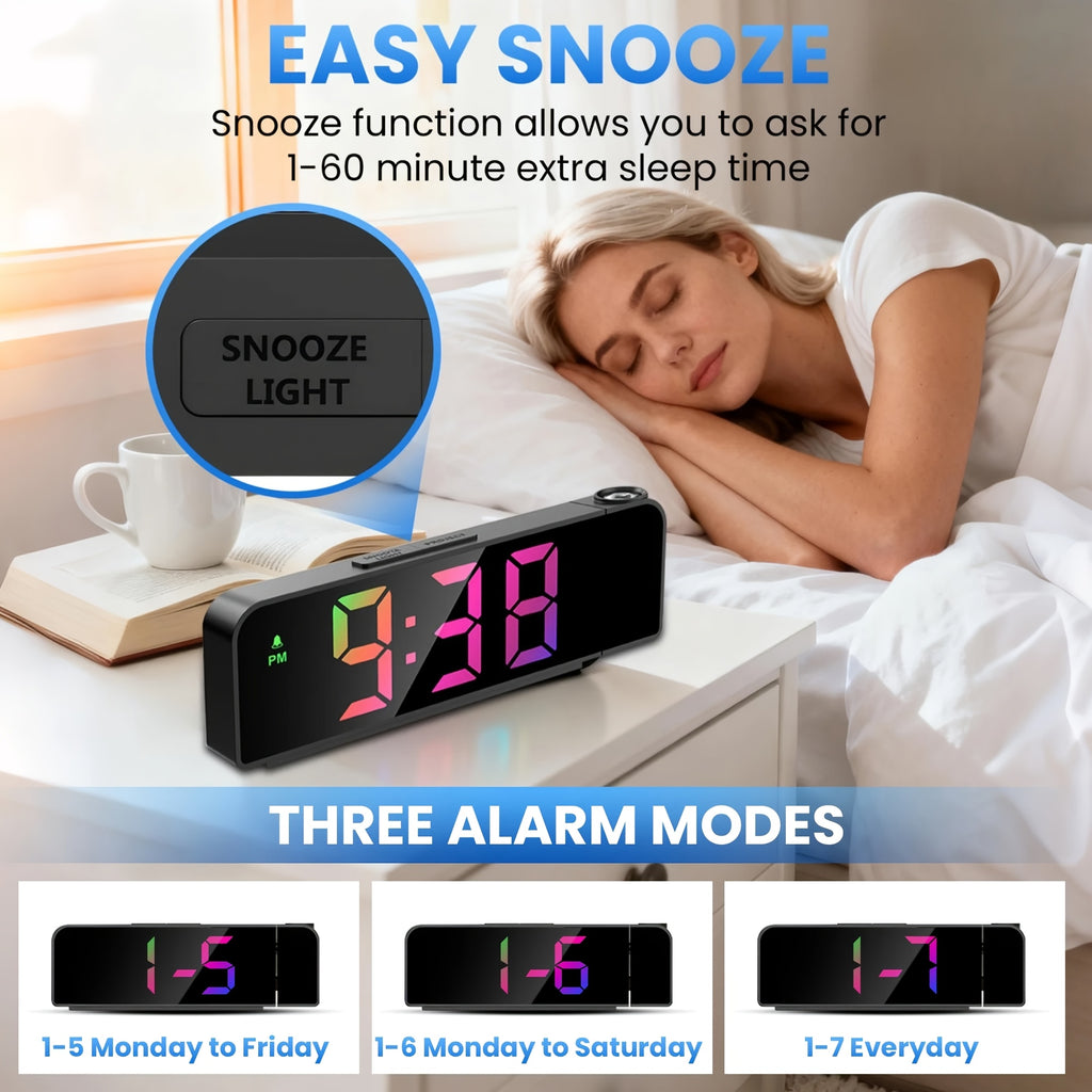Black Projection Alarm Clock, Multifunctional LED Digital Clock with Colorful Light, USB, Displays Year, Date, Temperature, Adjustable Brightness, Bedroom Clock, 1 Pack,