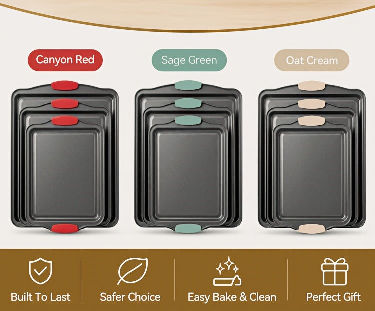 3pcs Nonstick Carbon Steel Oven Baking Pans Set With Detachable Silicone Handles, Premium Non-Stick Steel Bakeware Set, Commercial Grade Restaurant Quality Rimmed Sheets, Easy-Clean Baking Trays For Cookies, Pizza, Cake & Home Kitchen Use