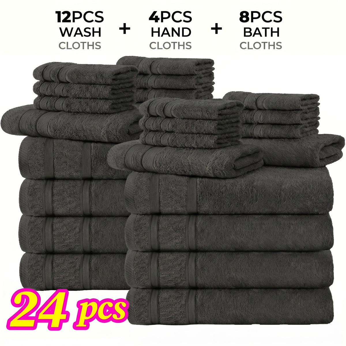 12/24pcs Bath Cloths Set, Hotel Quality Thick Bath Cloths | Highly Absorbent & Quick-Dry | 4 Bath Cloths & 6 Hand & 2 Washcloths, Cotton For Hotel Spa Gym & Home Bathroom Essentials, Wash Cloths
