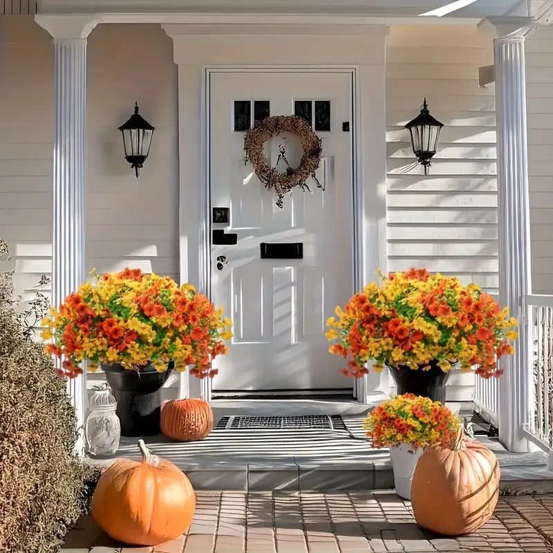 8 Artificial Autumn Bouquets- UV-resistant Non-fading Orange Chrysanthemum Decoration, Suitable for Home, Porch, Garden, Wedding Decoration- Four Seasons Indoor/outdoor Decoration, Low Maintenance Design, Durable Plastic Material, Multi-scene Autum