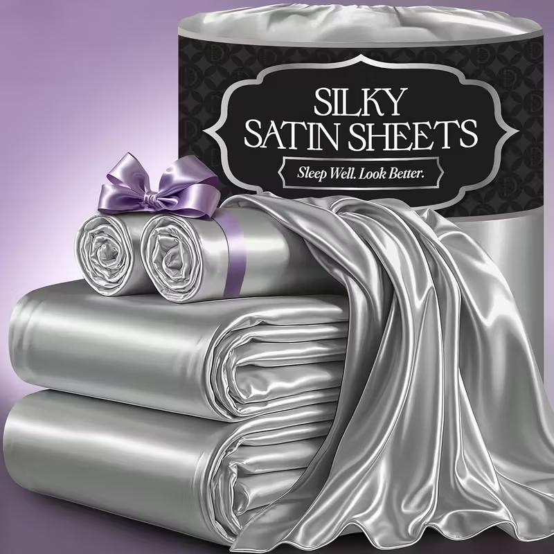 3/4pcs 2100TC Satin Sheets Queen Size Bed Set-Child Satin Bed Sheets Ultra Soft Satin Sheets Queen Set, Breathalbe Satin Bed Sheets Bed Sheets All Sizes Soft Satin Bedding for Bedroom 5 Star Luxury Hotel Experience W/ The Premium Satin Sheets