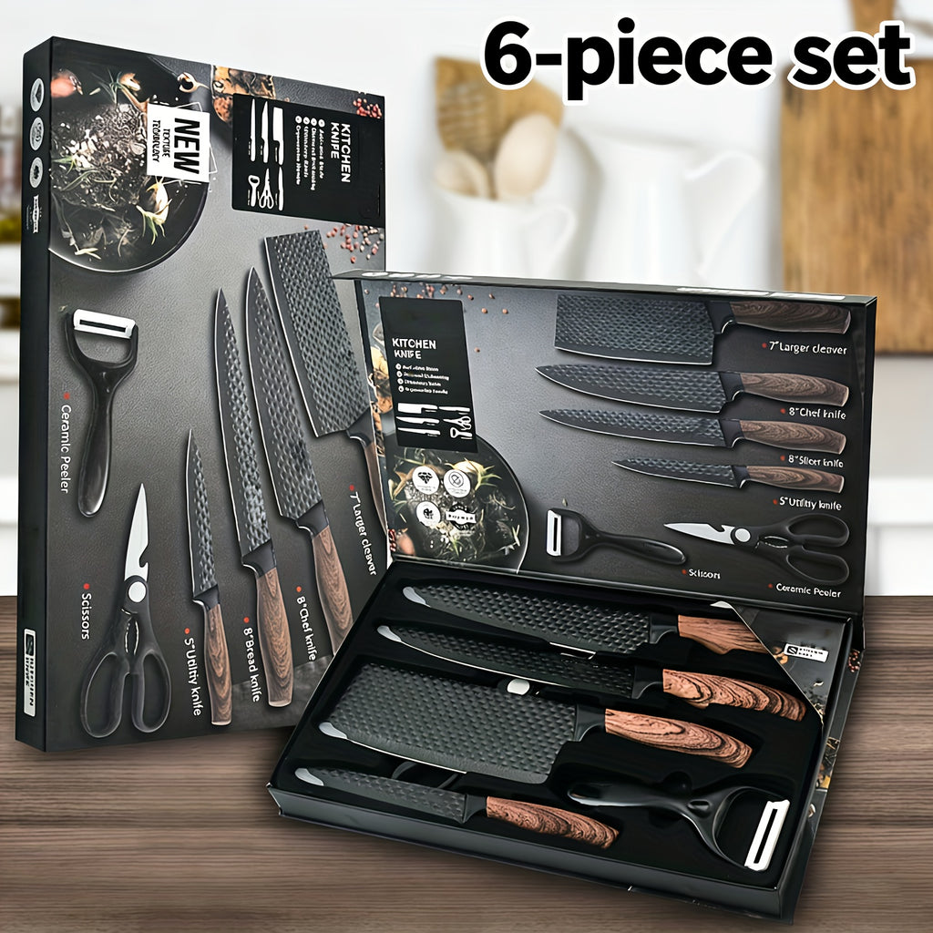 Professional 6/7pcs Cooking Utensil Set, Practical Knife, Peeler, And Scissors Made Of High-carbon Stainless Steel With Ultra-sharp Edges And Non-stick Ergonomic Wooden Handles. Chef'S Knife Set, Suitable For Family Travel, Vegetable, Meat