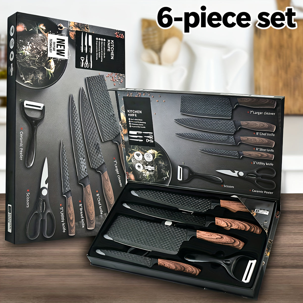 Professional 6/7pcs Cooking Utensil Set, Practical Knife, Peeler, And Scissors Made Of High-carbon Stainless Steel With Ultra-sharp Edges And Non-stick Ergonomic Wooden Handles. Chef'S Knife Set, Suitable For Family Travel, Vegetable, Meat