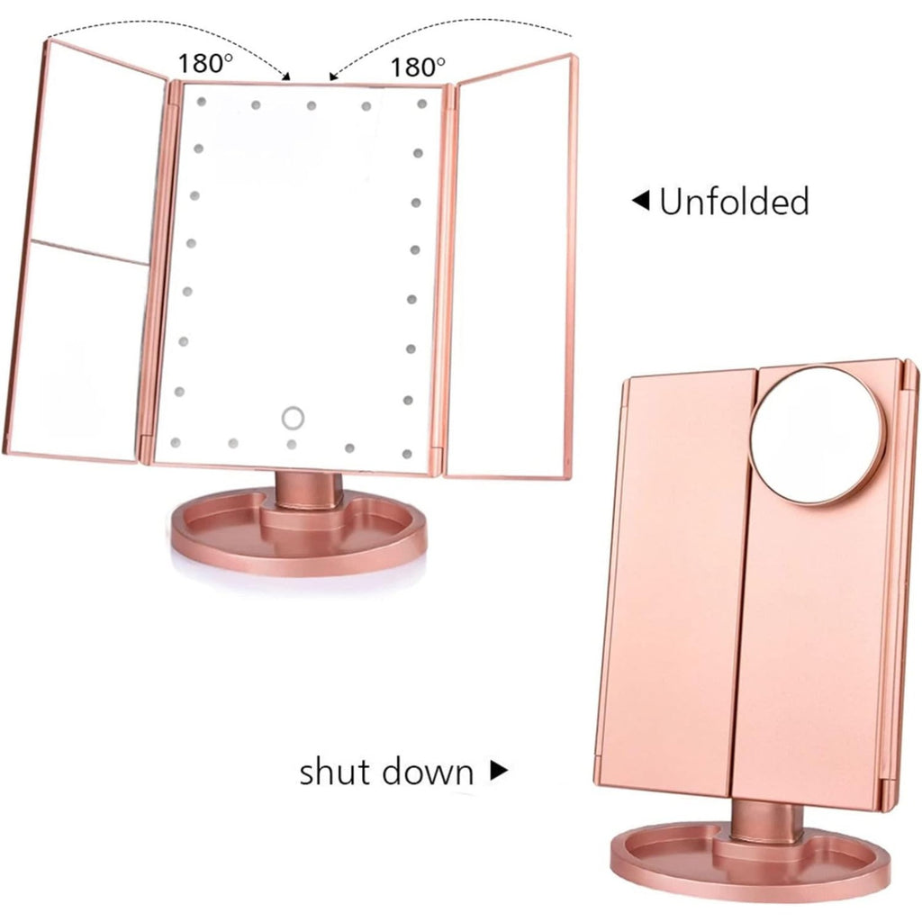 Makeup Mirror with Lights, Tri-Fold LED Vanity Mirror Touch Screen, 1X 2X 3X 10X Magnifying, Adjustable Base, Travel Mirror for Desk, Gift for Women, Rose Golden/Black