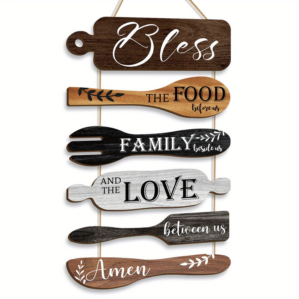 6 Pieces Bless The Food Before Us Farmhouse Kitchen Wall Decor Wood Board Set - Dining Room Decor Hanging Wall Art, Simple Rustic Style - Wood Rope Plaque Sign