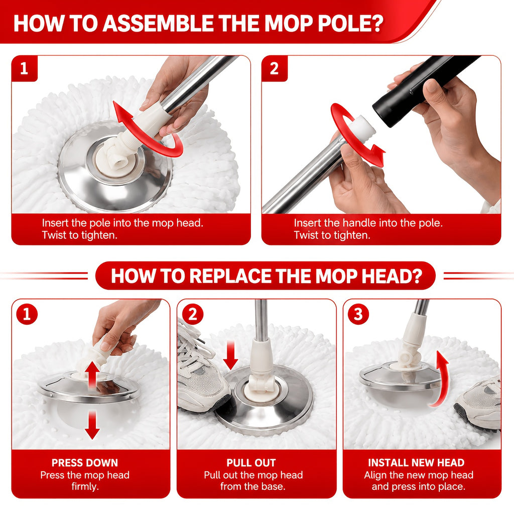 Mop And Bucket Set, Spin Mop And Bucket System, Spin Mop Bucket, Mop, Trapeador De Piso, 360° Rotating With Stainless Steel Basket, 35"-46" Adjustable Handle