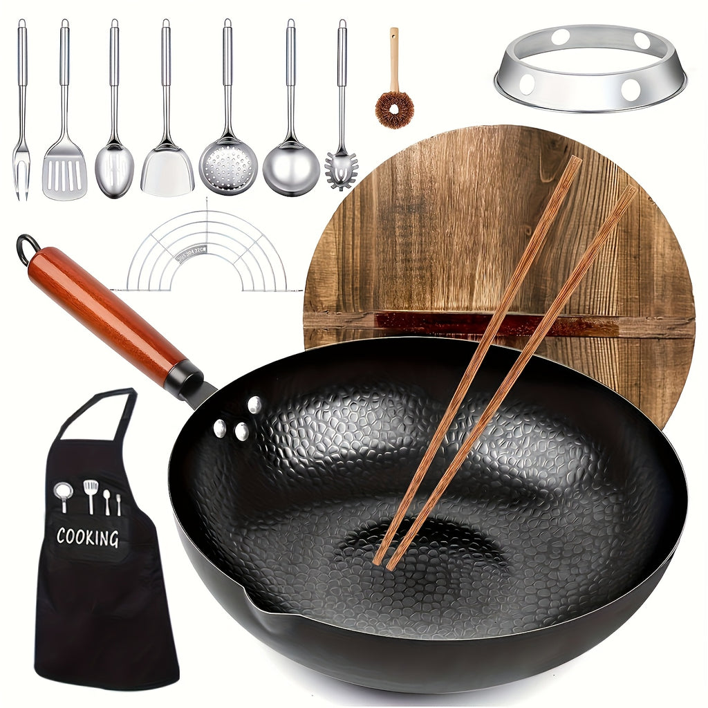 Wok, Cast Iron Frying Pan Wok Set - Nonstick, 12.6 Inch Pan With 13 Cookware Accessories, Suitable For All Stoves, Kitchen Utensils, Kitchen Tools, Kitchen Accessory, Kitchen Supplies Camping