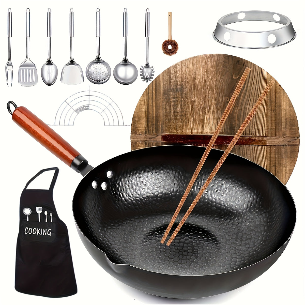 Wok, Cast Iron Frying Pan Wok Set - Nonstick, 12.6 Inch Pan With 13 Cookware Accessories, Suitable For All Stoves, Kitchen Utensils, Kitchen Tools, Kitchen Accessory, Kitchen Supplies Camping