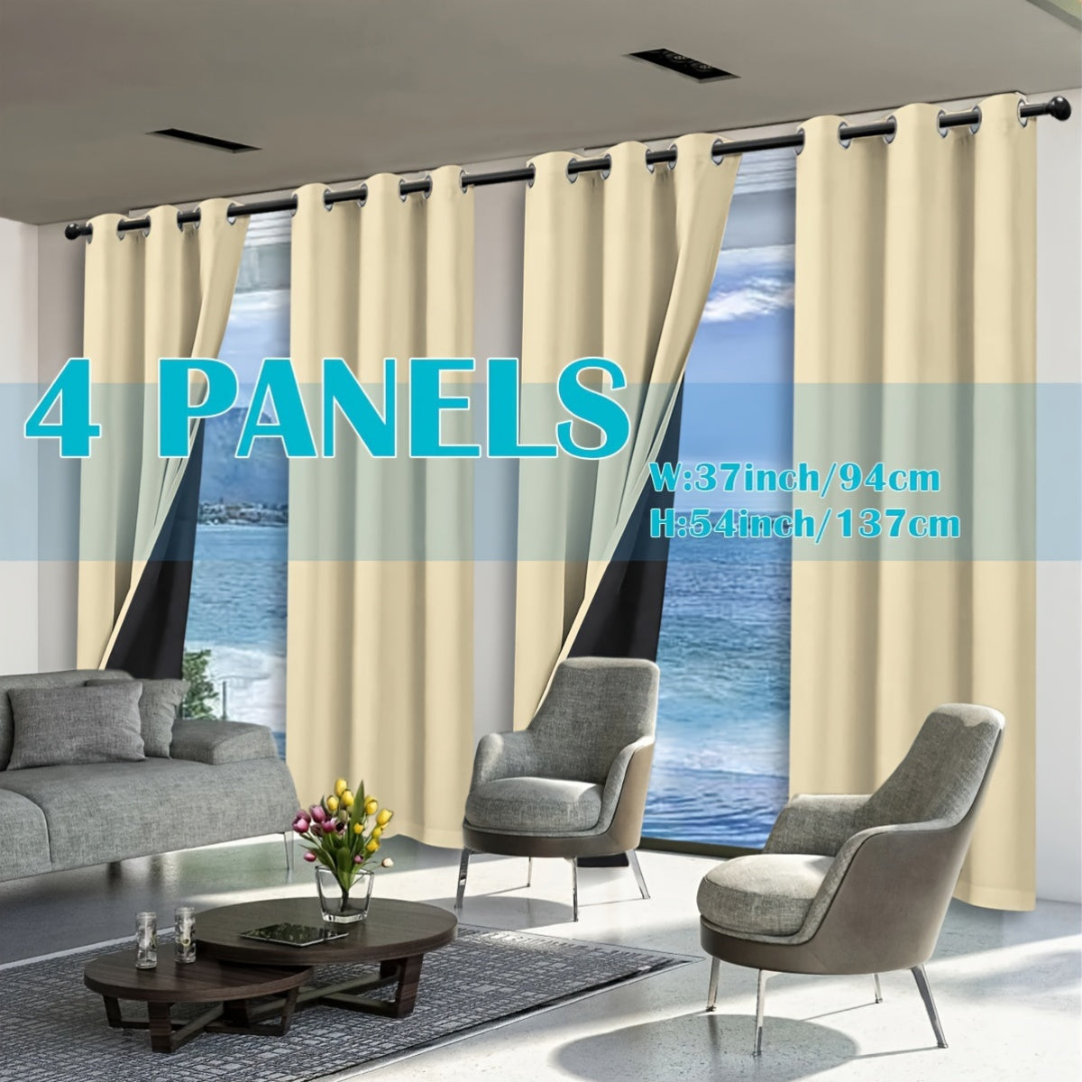 Set of 4 Complete Blackout Curtains for The Bedroom Featuring a Black-Coated Film for Total Light Blockage And Thermal Insulation with Ring Top Design