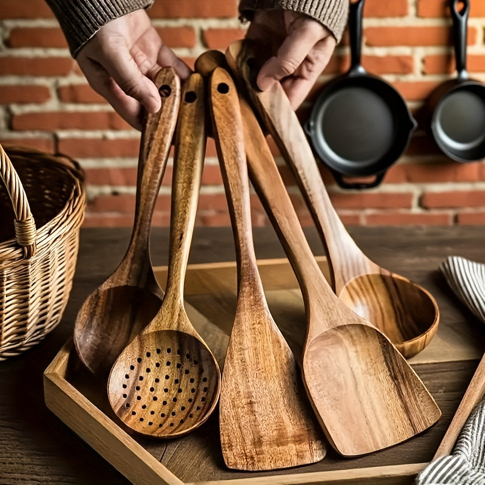 5pcs/3pcs/10pcs Premium Wooden Kitchen Utensil Set - Ergonomic Handles, Natural Wooden Spoon, Stirring Spoon, Soup Spoon Non-Stick Pan Turner, Heat-resistant & Easy to Clean, Durable Kitchen Essential Accessories, Perfect Christmas GiftChristmas Gift
