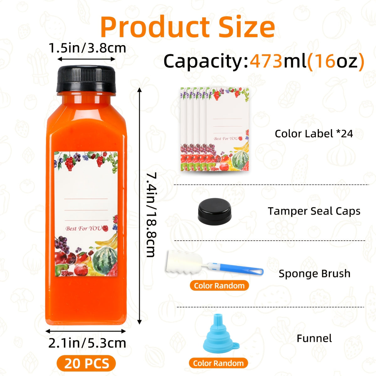 20pcs/36pcs/56pcs/100pcs Juice Bottles, 12/16oz Plastic Bottles With Lids, Reusable Clear Containers For Juice, Smoothies, Cola, Water And Other Beverages, Summer. Funnel & Brush (Color Random).