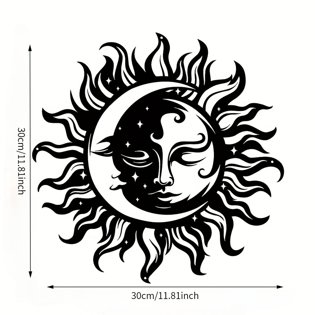 1pc Of Elegant Black Sun And Moon Metal Wall Art- Intricate Iron Design With Mystical Symbols, Perfect For Home, Office Or Outdoor Garden Decoration, Ideal Housewarming Gift, 15.7inch X 7inch Cm, Outdoor Decoration