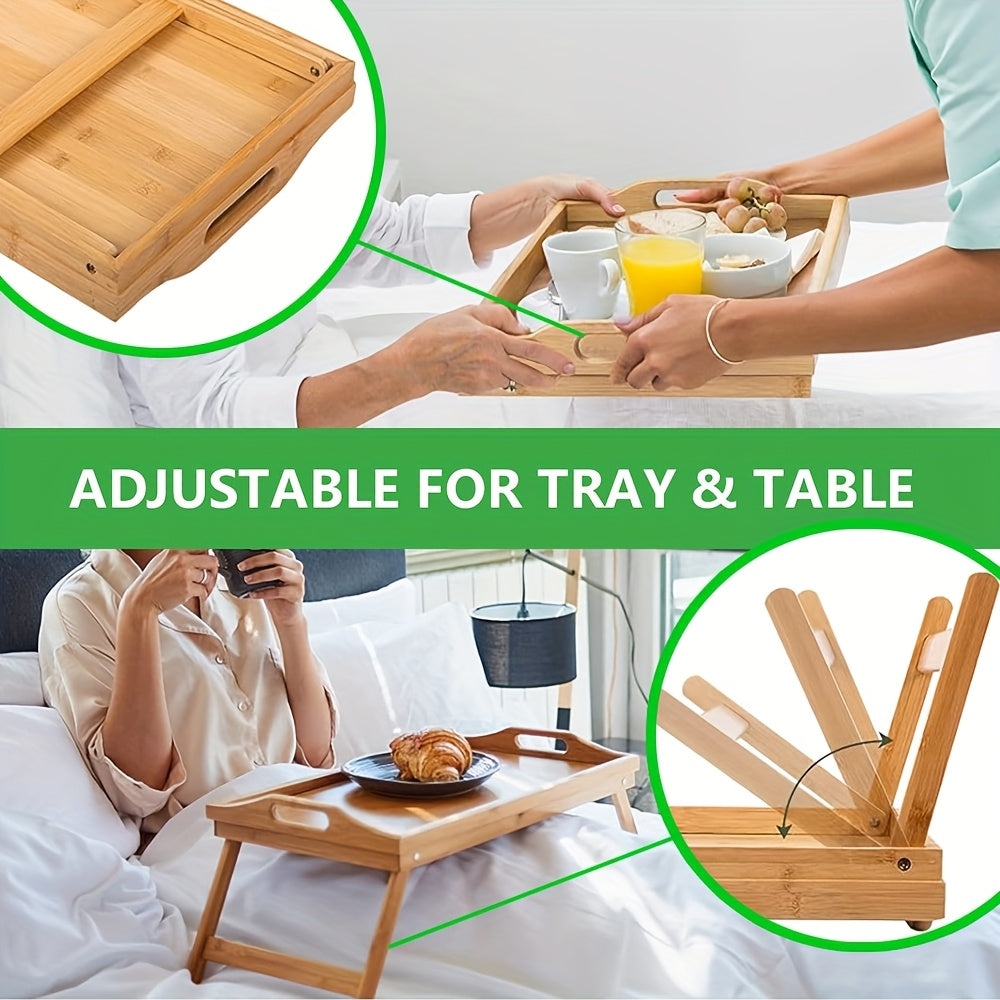 2pcs Bamboo Breakfast Tray with Folding Legs & Handles - Extra Wide Stable Food-Safe Bed Tray Table for Eating, Working, Drawing - Portable Foldable Design for Sofa, Bed, Lazy People, Bedside Table | Natural Look | with 10pcs Paper Plates