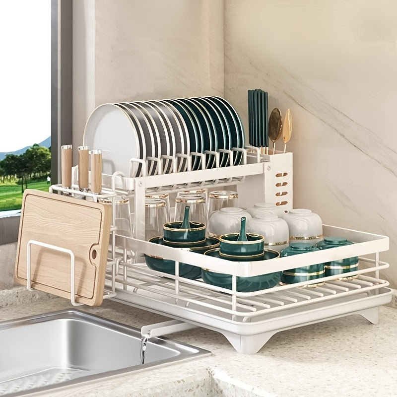 Dish Drying Rack, 2-Tier Dish Racks for Kitchen Counter, Dish Rack with Drainboard & Mat, Dish Drainer with Knife, Fork & Cup Rack, Gifts for Women, Mothers Day, Cool Stuff & Kitchen Gadgets