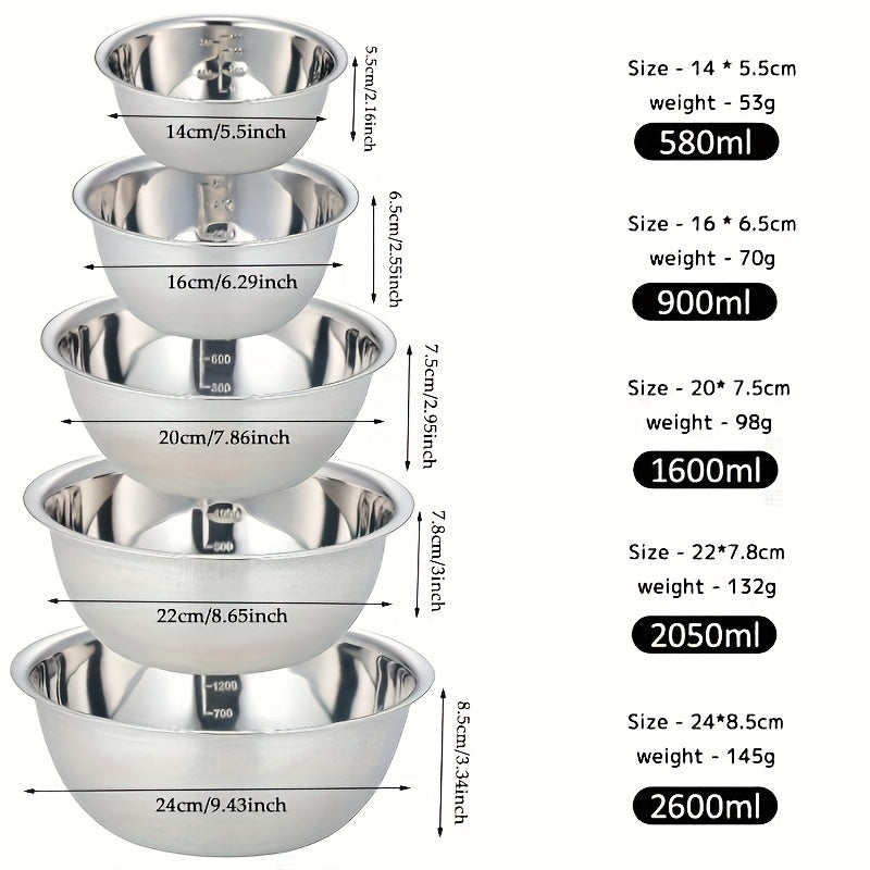 5pcs Stainless Steel Mixing Bowls, 201Stainless Steel Mixing Bowl Set - Easy to Clean, Nesting Bowls for Space Saving Storage, Great for Cooking, Baking, Prepping, Christmas Gifts