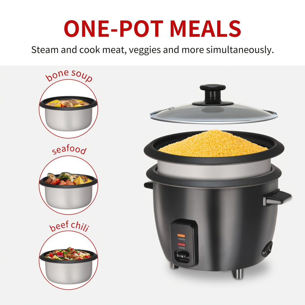 Rice Cooker with Removable Non-Stick Pot, Yogurt Maker with Auto Keep Warm Function, Large Capacity 6-Cup (Cooked) 1.5 Qt, 3-Cup (Uncooked), One-Touch Operation Grain Cooker, Multicooker, Stainless Steel Inner Liner, Steamer, Oatmeal Cooker