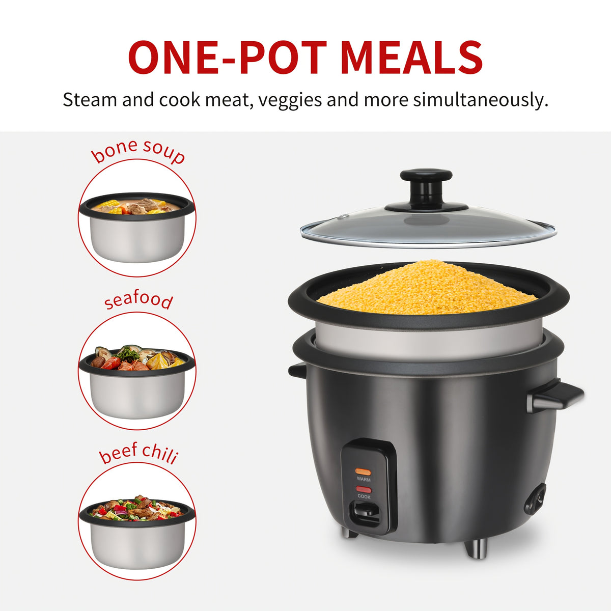Rice Cooker with Removable Non-Stick Pot, Yogurt Maker with Auto Keep Warm Function, Large Capacity 6-Cup (Cooked) 1.5 Qt, 3-Cup (Uncooked), One-Touch Operation Grain Cooker, Multicooker, Stainless Steel Inner Liner, Steamer, Oatmeal Cooker