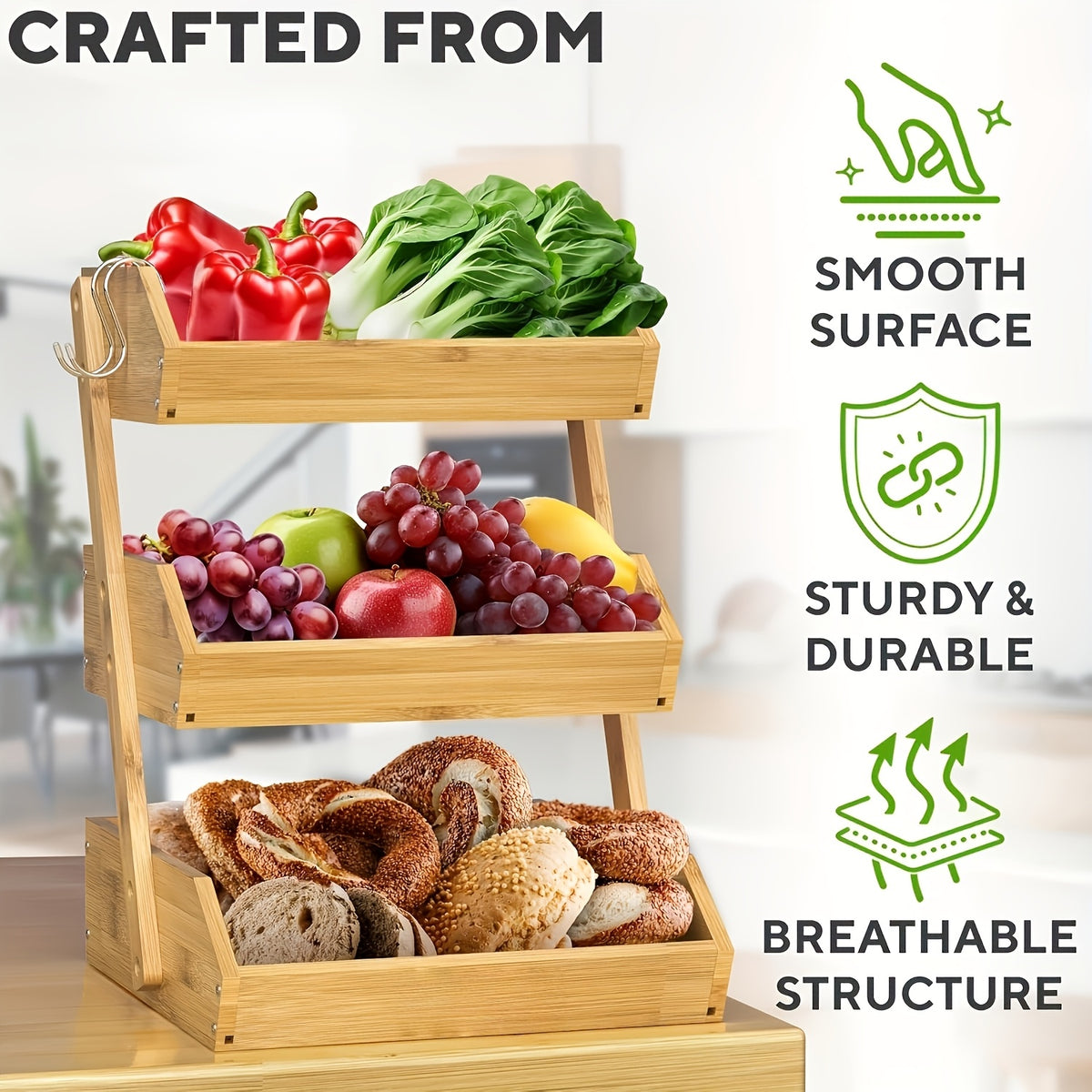 Stackable Bamboo Kitchen Organizer 2 Or 3 Tier Space-Saving Storage Rack for Fruits, Vegetables, Bread & Snacks Multi-Tier Bamboo Storage Basket Compact Stackable Display Tray for Kitchen, Pantry Holds Produce, Bakery & Snacks