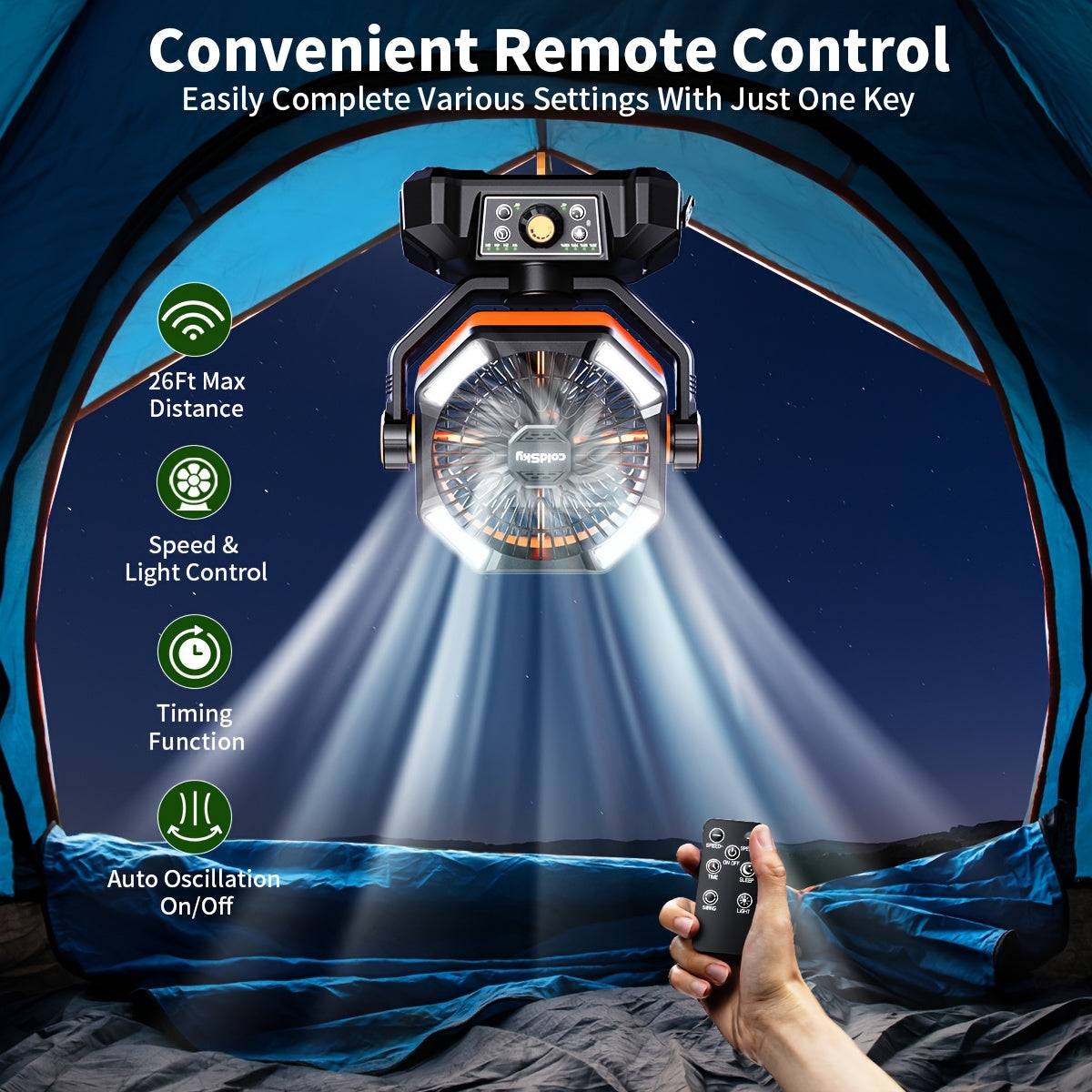 20000Mah Battery Powered Camping Fan - Dual Motor, 8-Speed with Remote Control & 4 LED Lanterns, Portable Outdoor Fan with Hook for Tent, Power Outage, Construction Site, For Outdoor Camping Travel
