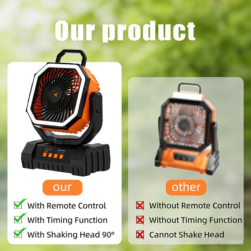 Portable Camping Fan with LED Light 20000Mah Rechargeable Battery Remote Control And Oscillating Function, 4 Wind Speeds, 90° Oscillation, 1-8 Hour Timer, Remote Control Included. Suitable for Indoor And Outdoor Use, Tents, Travel